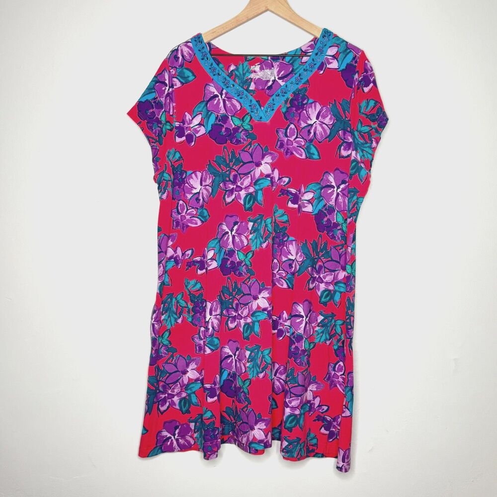 Patio Casuals‎ Cabernet Womens Dress XL Pink Purple Floral Sequins V-neck Casual